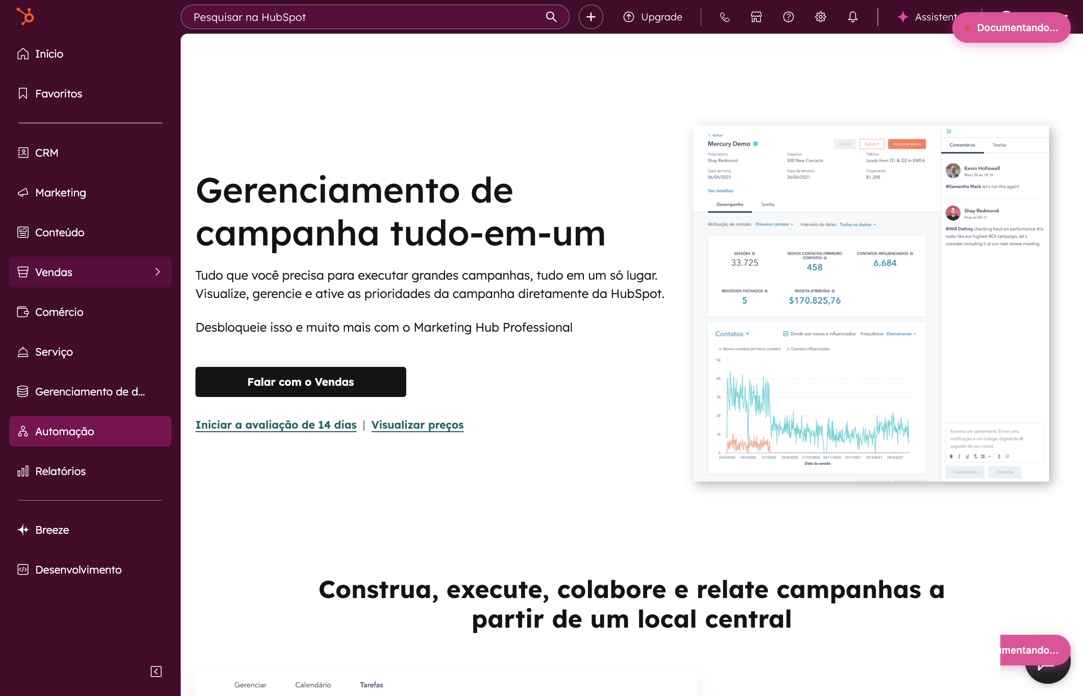 Passo 1: Clique em "Marketing" na sidebar